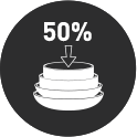 Ikona przedstawia stos patelni z napisem \'50%\' i strzałką skierowaną w dół, na ciemnym tle.