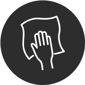 Ikona przedstawia białą dłoń trzymającą ściereczkę na czarnym tle.