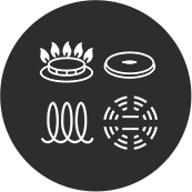 Ikona przedstawia cztery białe symbole na czarnym tle: płomień gazowy, płaską powierzchnię, spiralę i kratkę.