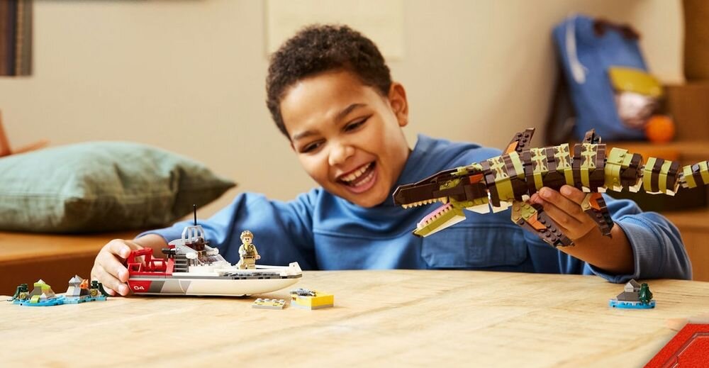 LEGO 76974 Jurassic World Misja na łodzi i model mozazaura minifigurki LeClerca Atwater łódź przygodowa