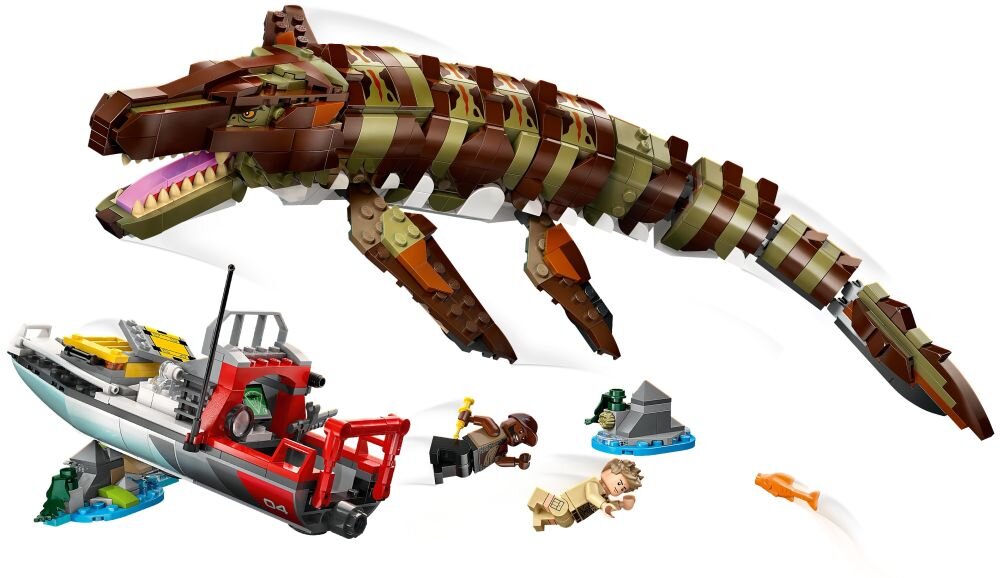 LEGO 76974 Jurassic World Misja na łodzi i model mozazaura ruchomy pysk płetwy ogon duży model dinozaura
