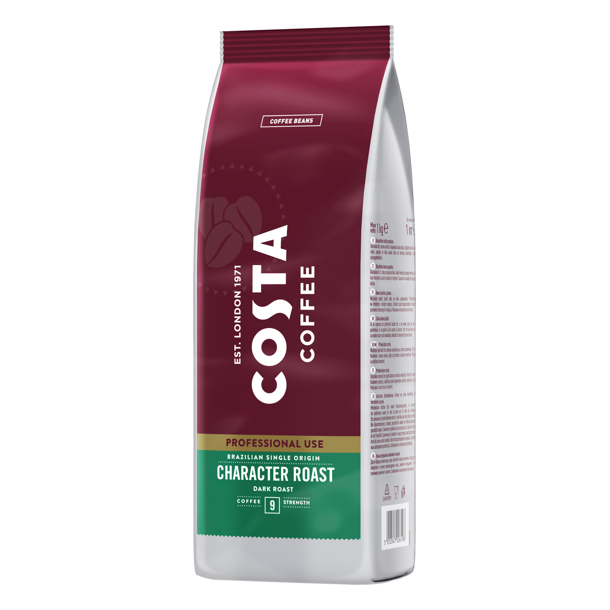 Opakowanie kawy ziarnistej COSTA COFFEE z napisem \'Professional Use Brazilian Single Origin Character Roast Dark Roast\'.