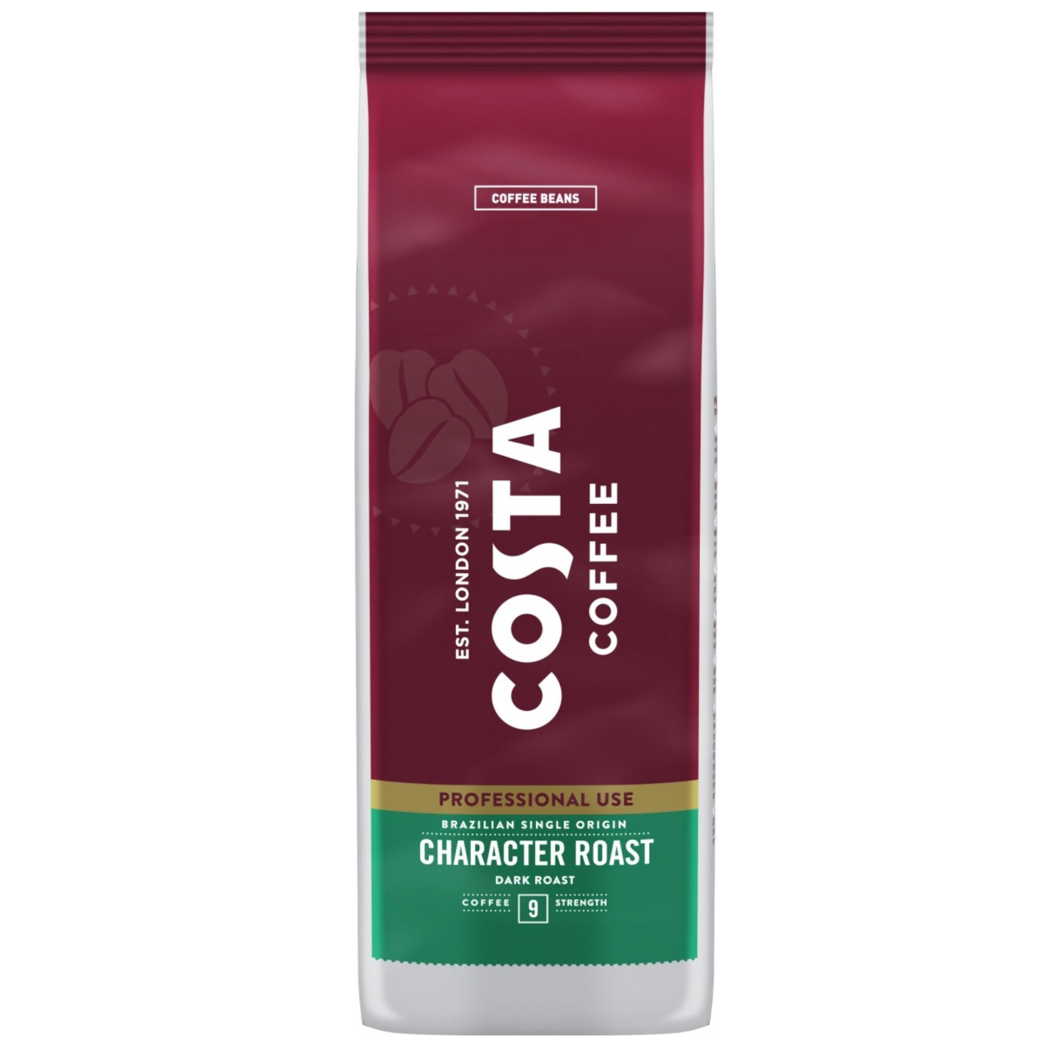 Opakowanie kawy ziarnistej COSTA COFFEE Pro Brazilian 100% Arabica 1kg w kolorze bordowym z białym napisem \'COSTA COFFEE\'. Na dole widnieje zielony pasek z napisem \'CHARACTER ROAST DARK ROAST\'.