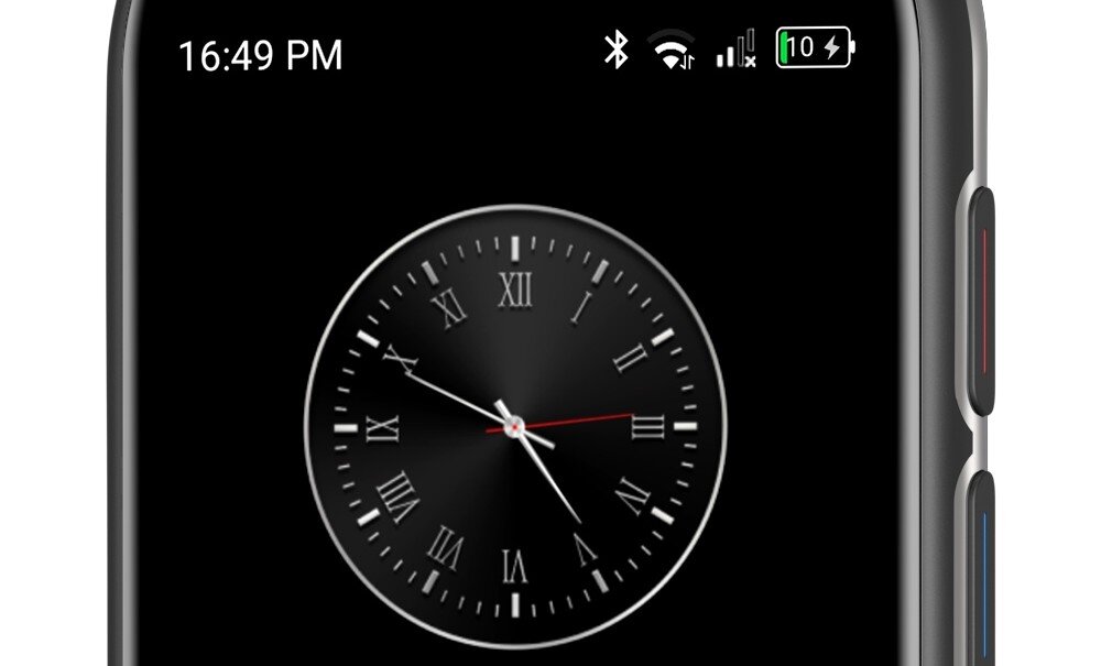 Na ekranie urządzenia widoczny jest zegar analogowy z rzymskimi cyframi. W górnym rogu ekranu wyświetlana jest godzina 16:49 PM oraz ikony Bluetooth, sygnału i baterii.