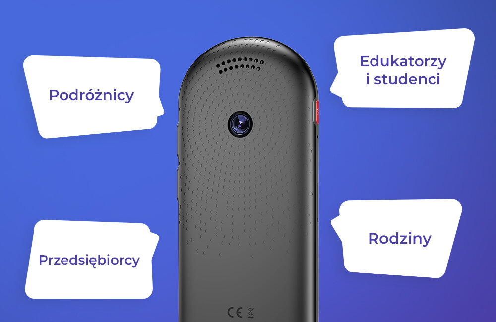 Na zdjęciu widoczny jest czarny, zaokrąglony gadżet z kamerą i otworami na górze. Obok znajdują się napisy: \'Podróżnicy\', \'Przedsiębiorcy\', \'Edukatorzy i studenci\', \'Rodziny\'.