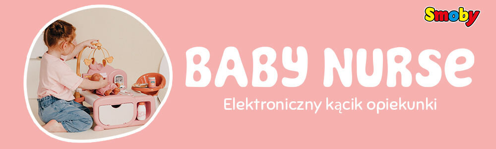 Banner z logo Smoby i dużym napisem 'BABY NURSE Kącik opiekunki'. Po lewej stronie w okręgu zdjęcie uśmiechniętej dziewczynki bawiącej się różowym zestawem Baby Nurse.
