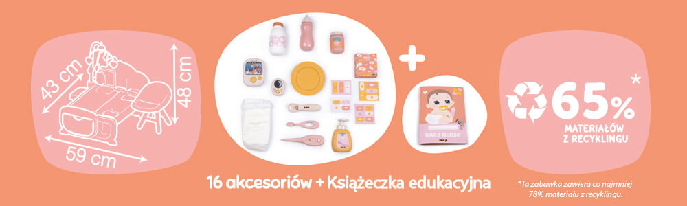 Grafika informacyjna o zestawie Baby Nurse. Po lewej stronie wymiary (43x59x48 cm). W centrum pokazanych jest 16 akcesoriów (butelki, pielucha, termometr, talerzyk, naklejki) oraz książeczka edukacyjna. Po prawej informacja: '65% MATERIAŁÓW Z RECYKLINGU'.