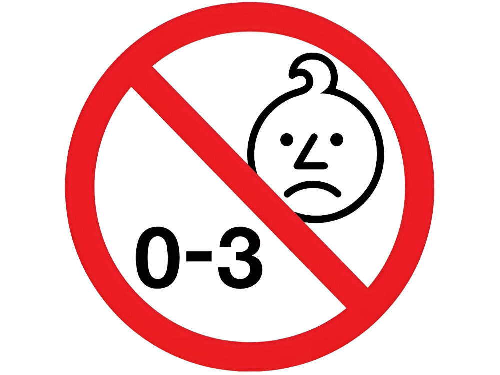 Piktogram ostrzegawczy z przekreślonym czerwonym kółkiem. Wewnątrz symbol głowy dziecka oraz napis '0-3'. Piktogram oznacza: 'Nieodpowiednie dla dzieci w wieku 0-3 lata'.
