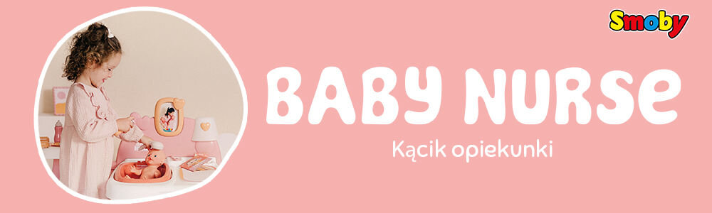 Banner z logo Smoby i dużym napisem 'BABY NURSE Kącik opiekunki'. Po lewej stronie w okręgu zdjęcie uśmiechniętej dziewczynki bawiącej się różowym zestawem Baby Nurse.