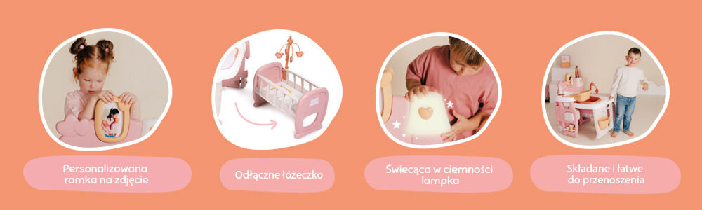 Grafika prezentująca cztery kluczowe cechy zabawki Baby Nurse: 1. Personalizowana ramka na zdjęcie. 2. Odłączalne łóżeczko. 3. Świecąca w ciemności lampka. 4. Składane i łatwe do przenoszenia.