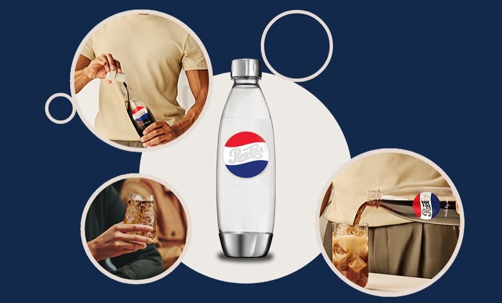 Butelka SODASTREAM Silver Pepsi retro grafika, z tritanu, odkręcana podstawka, odpornośc na zarysowanie, łatwe utrzymanie czystości, solidny korek