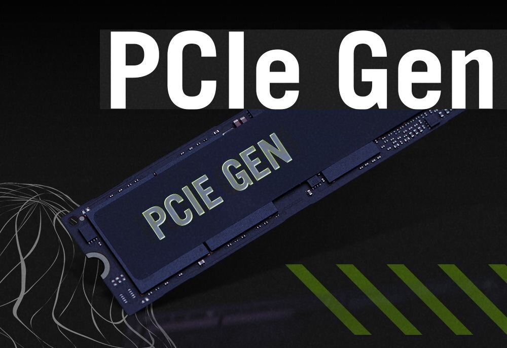 Moduł pamięci RAM PCIe Gen z napisem PCIe GEN na ciemnym tle z zielonymi ukośnymi promieniami i efektami świetlnymi - Pamięć RAM DDR5 5600 MHz Dysk SSD PCIe Gen 4  