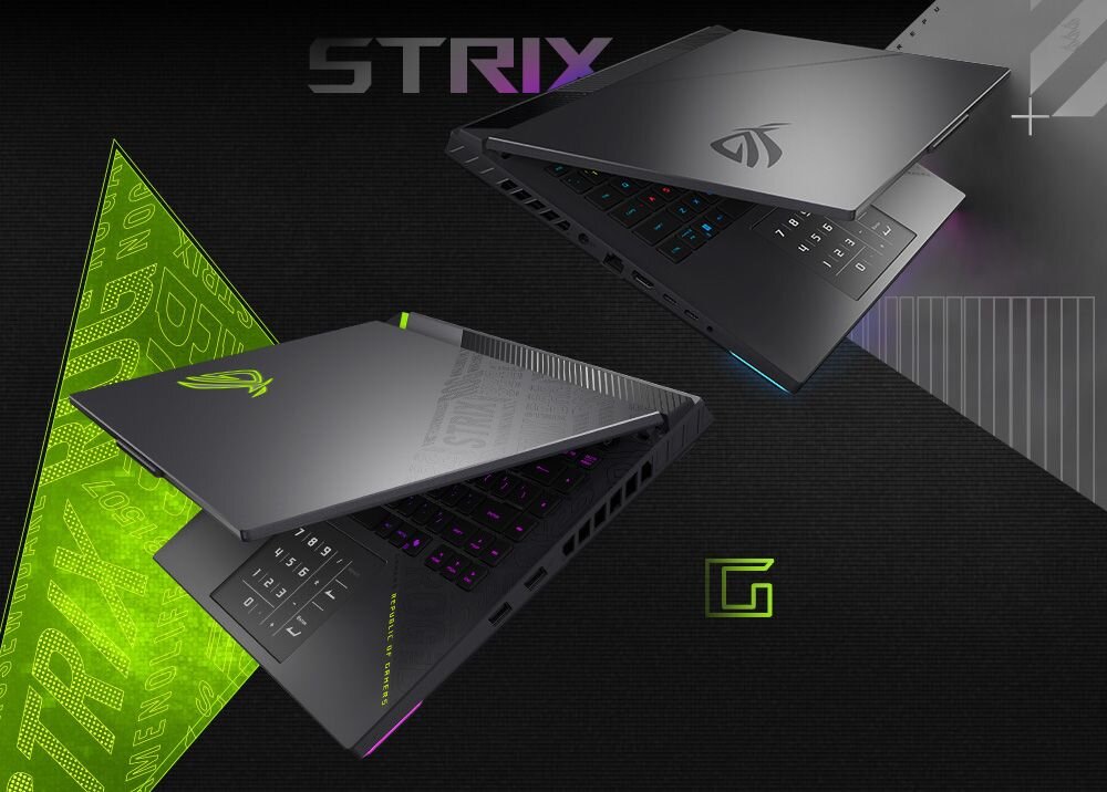 Dwa laptopy gamingowe ASUS ROG Strix z napisem STRIX z zielonymi trójkątami i logo G Republic of Gamers na czarnym tle - Design Obudowa aluminiowa 