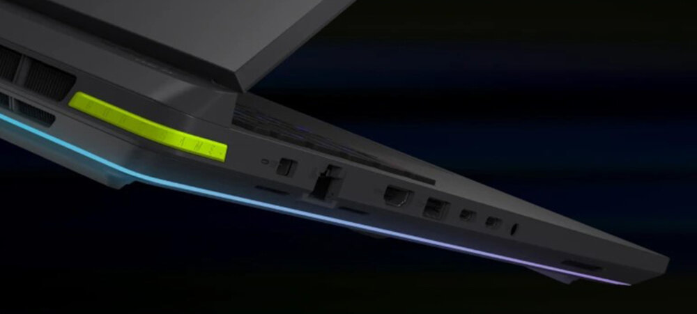 Laptop ASUS ROG Strix G16 - Boki laptopa ASUS ROG Strix G16 z opisanymi złączami, prezentujący kluczowe cechy techniczne urządzenia.  