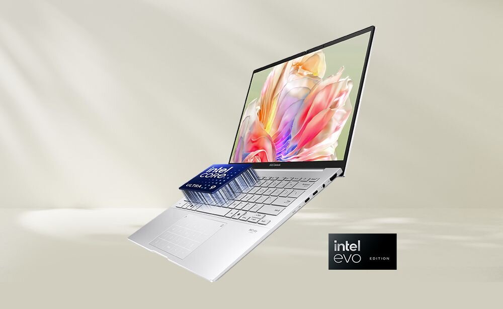 Laptop ASUS Zenbook 14 z procesorem Intel Core Ultra, ekran z kolorową grafiką kwiatową, biała klawiatura, logo Intel Evo Edition na jasnym tle.