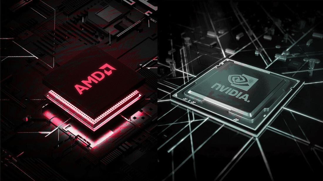 Dwa procesory AMD z czerwonym podświetleniem i NVIDIA z zielonym podświetleniem na ciemnym tle z geometrycznymi liniami - AMD Ryzen, NVIDIA GeForce RTX 