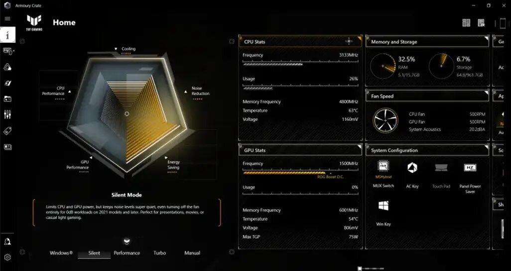 Interfejs oprogramowania ASUS TUF Gaming Armoury Crate prezentuje statystyki CPU i GPU w trybie Silent do grania – Aplikacja Armoury Crate