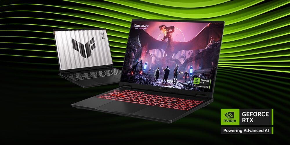 Laptop ASUS TUF Gaming z kartą NVIDIA GeForce RTX wyświetla scenę z gry na dynamicznym zielonym tle – karta graficzna NVIDIA GeForce RTX GDDR7 i technologią Advanced Optimus