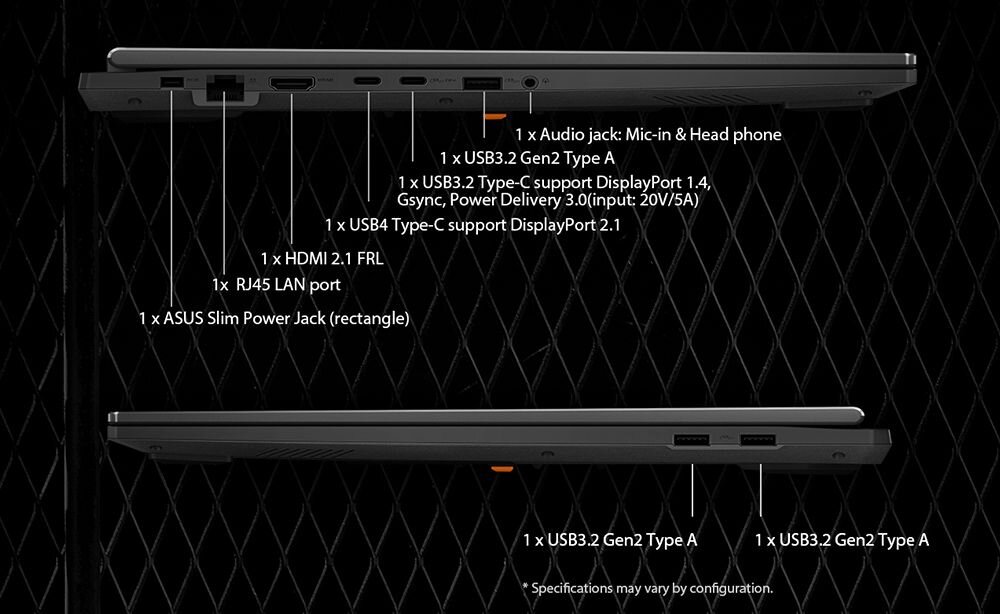 Profil laptopa ASUS TUF Gaming ukazuje złącza HDMI 2.1, USB‑C i USB‑A do podłączania monitorów w biurze – ŁĄCZNOŚĆ HDMI USB Type-C