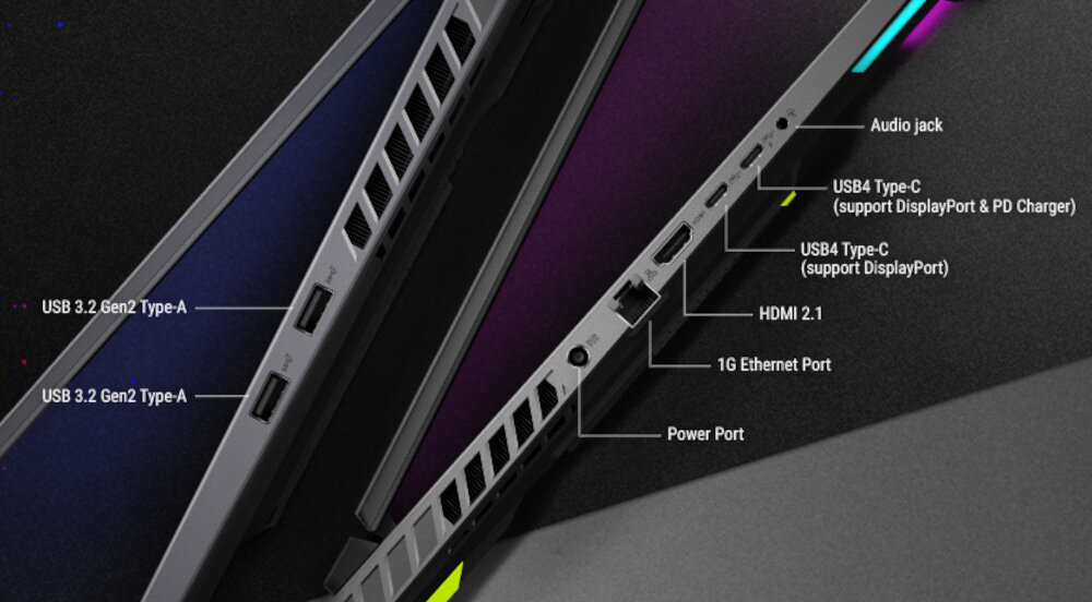 Boczne krawędzie laptopa ASUS ROG z opisanymi portami USB 3.2 Gen2 Type-A HDMI 2.1 USB4 Type-C DisplayPort PD Charger 1G Ethernet Power Port Audio Jack - USB 3.2 Gen2 Type-A HDMI 2.1 USB4 Type-C DisplayPort 