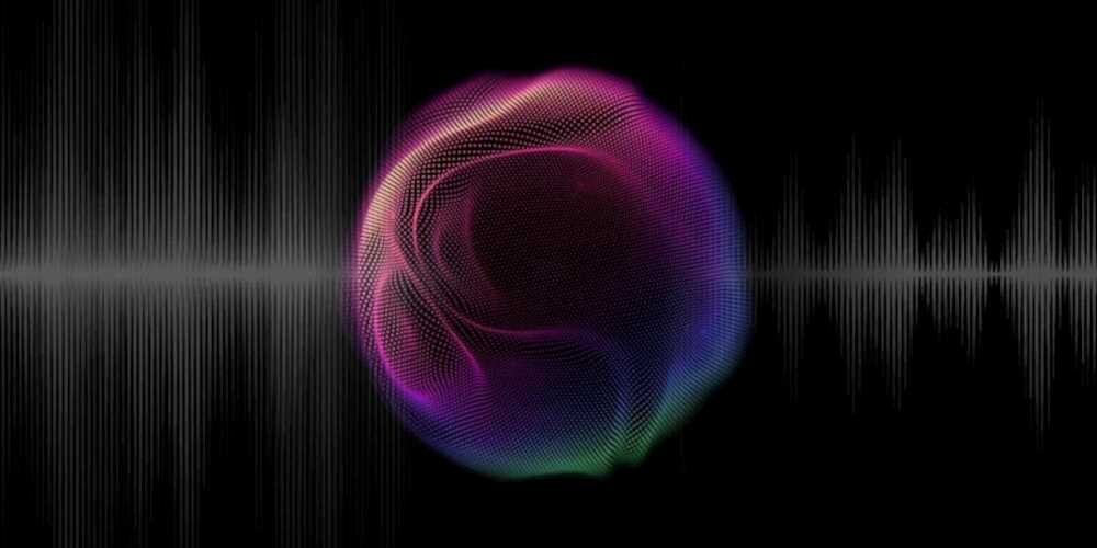 Laptop ASUS ROG Strix G16 - Fioletowo-różowa kula emitująca fale dźwiękowe, symbolizująca inteligentną redukcję szumów.