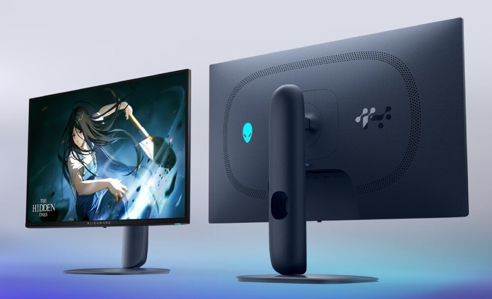 Monitor DELL AW2725D Obraz przedstawia dwa monitory na ciemnoniebieskim tlenowym tle: jeden widoczny od przodu po lewej, wyświetlający grafikę z postacią trzymającą miecz i napisem 'THE HIDDEN ONES', a drugi widoczny od tyłu po prawej, pokazujący obudowę z logo, opis