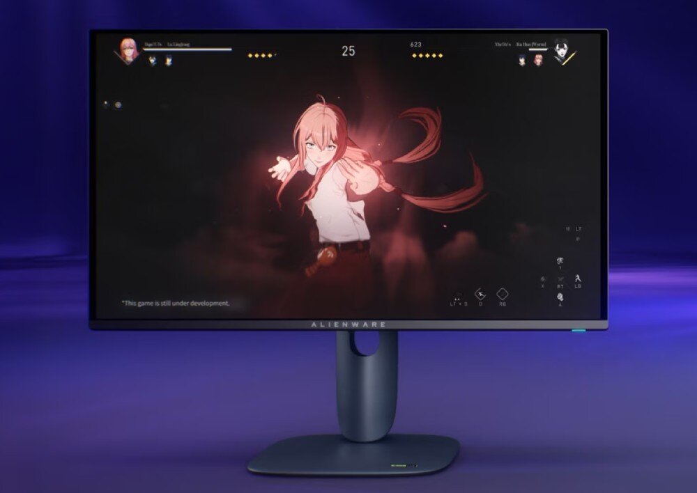 Monitor DELL AW2725D Obraz przedstawia monitor widoczny od przodu na ciemnoniebieskim tlenowym tle, na ekranie wyświetlana jest grafika z postacią i napisem 'THE HIDDEN ONES', a pod ekranem widać podstawę, przekątna, matryca, rozdzielczość