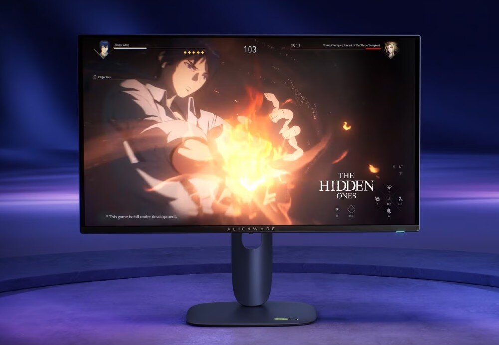 Monitor DELL AW2725D Obraz przedstawia monitor widoczny od przodu na fioletowym tlenowym tle, na ekranie wyświetlana jest grafika z postacią i płomieniami oraz napisem 'THE HIDDEN ONES', a pod ekranem widać podstawę, odświeżanie, czas reakcji