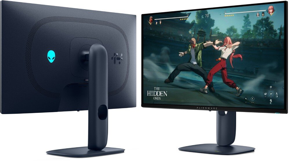 Monitor DELL AW2725D Obraz przedstawia dwa identyczne monitory na białym tlenowym tle: jeden widoczny od tyłu po lewej, pokazujący obudowę z logo obcego, otwory wentylacyjne i podstawę, a drugi widoczny od przodu po prawej, ergonomia, regulacja, podstawa