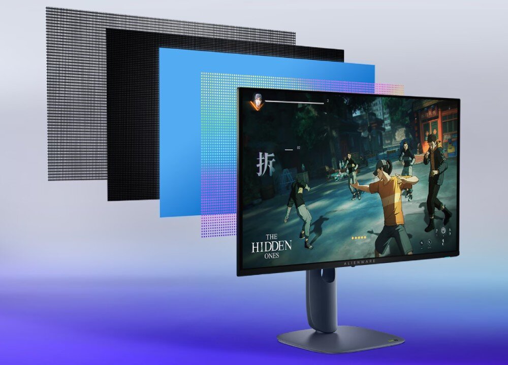 Monitor DELL AW2725D Obraz przedstawia monitor widoczny od przodu na fioletowym tlenowym tle, na ekranie wyświetlana jest grafika z postacią i napisem 'THE HIDDEN ONES', a za ekranem widać rozłożone warstwy technologiczne matrycy w formie przezroczystych paneli, ochrona wzroku, radiator