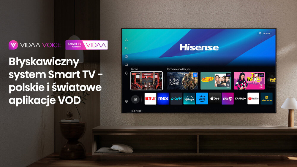 Telewizor HISENSE 116UXQ Game Bar szybki dostęp do FPS VRR HDR ustawienia podczas gry, telewizor zawieszony na ścianie nad komodą
