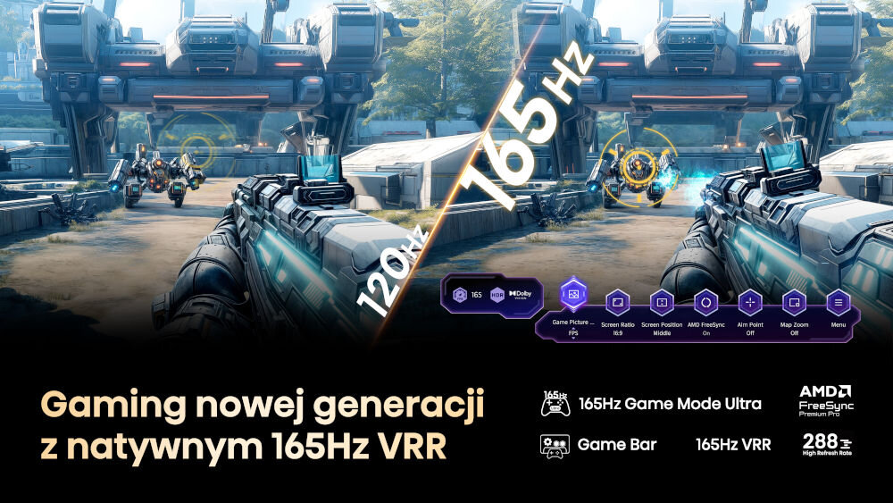 Telewizor HISENSE 116UXQ sterowanie głosowe integracja smart home scenariusz wieczór filmowy, gra pokazana w technologi odświeżania 120 Hz oraz 165 Hz