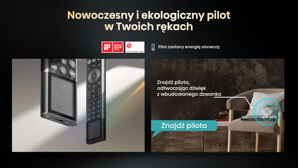 Telewizor HISENSE 116UXQ pilot solarny USB-C lokalizator znajdź mój pilot ekologiczne ładowanie, pilot z panelem solarnym, pilot leżący na krześle