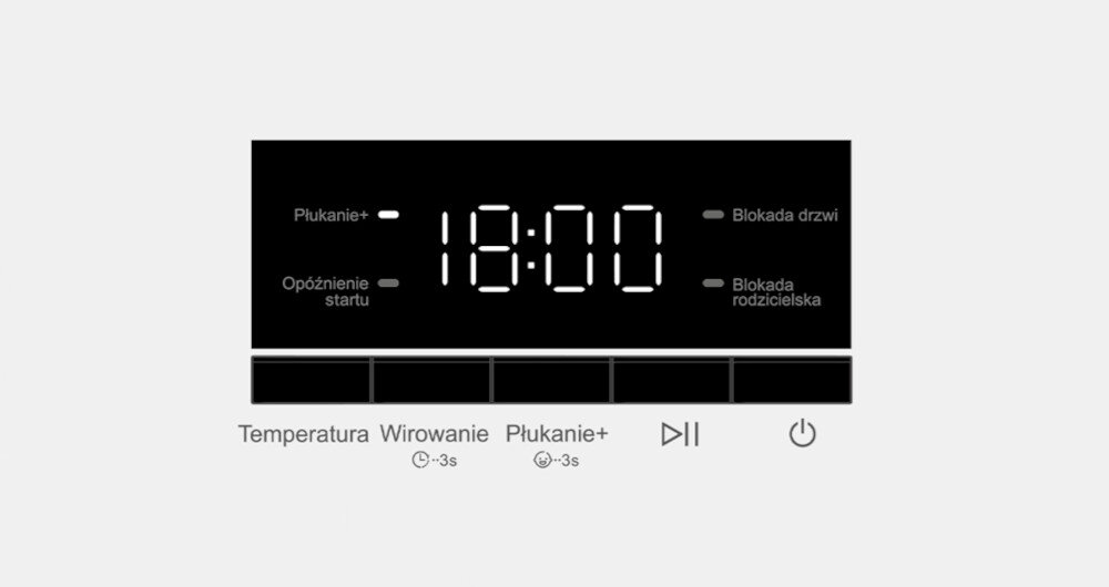 Wyświetlacz elektroniczny pokazuje godzinę 18:00 oraz opcje takie jak Płukanie+, Opóźnienie startu, Blokada drzwi i Blokada rodzicielska. Pod wyświetlaczem znajdują się przyciski: Temperatura, Wirowanie, Płukanie+, przycisk odtwarzania/pauzy oraz przycisk zasilania.