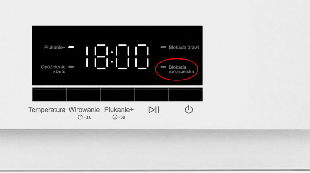 Panel sterowania pralki z wyświetlaczem pokazującym godzinę 18:00 oraz wskaźnikami \'Blokada drzwi\' i \'Blokada rodzicielska\'. Pod wyświetlaczem znajdują się przyciski: Temperatura, Wirowanie, Płukanie+, oraz ikony do odtwarzania i włączania.