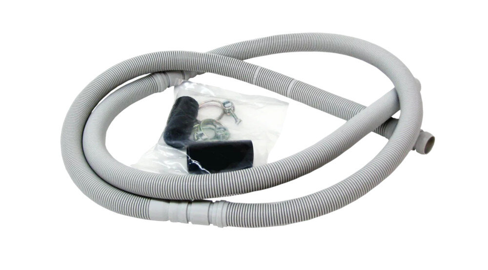 SUSZARKA BOSCH WRB247CXPL Na zdjęciu widoczny jest elastyczny wąż odpływowy, najczęściej stosowany w pralkach lub suszarkach kondensacyjnych. Do zestawu dołączone są również akcesoria montażowe: złączki, opaski zaciskowe oraz króciec, służące do podłączenia węża do instalacji odpływowej drainset odprowadzanie wody automatyczne opróżnianie pojemnika suszarka bezpośrednie odprowadzanie wody oszczędność czasu praktyczne rozwiązanie brak przerw w pracy suszarki akcesorium suszarka bosch