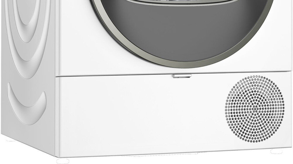 SUSZARKA BOSCH WQG243MSPL Na zdjęciu pokazany jest dolny front suszarki bębnowej. Widać zamkniętą klapkę serwisową, za którą zazwyczaj znajduje się filtr oraz pojemnik na wodę skroploną. Po prawej stronie jest kratka wentylacyjna, przez którą odbywa się cyrkulacja powietrza w urządzeniu. Całość utrzymana jest w jasnym kolorze, charakterystycznym dla suszarek efektywność energetyczna suszarki czyszczenie filtrów easyclean konserwacja oszczędna praca niezawodne suszenie pielęgnacja filtrów przepływ powietrza w suszarce