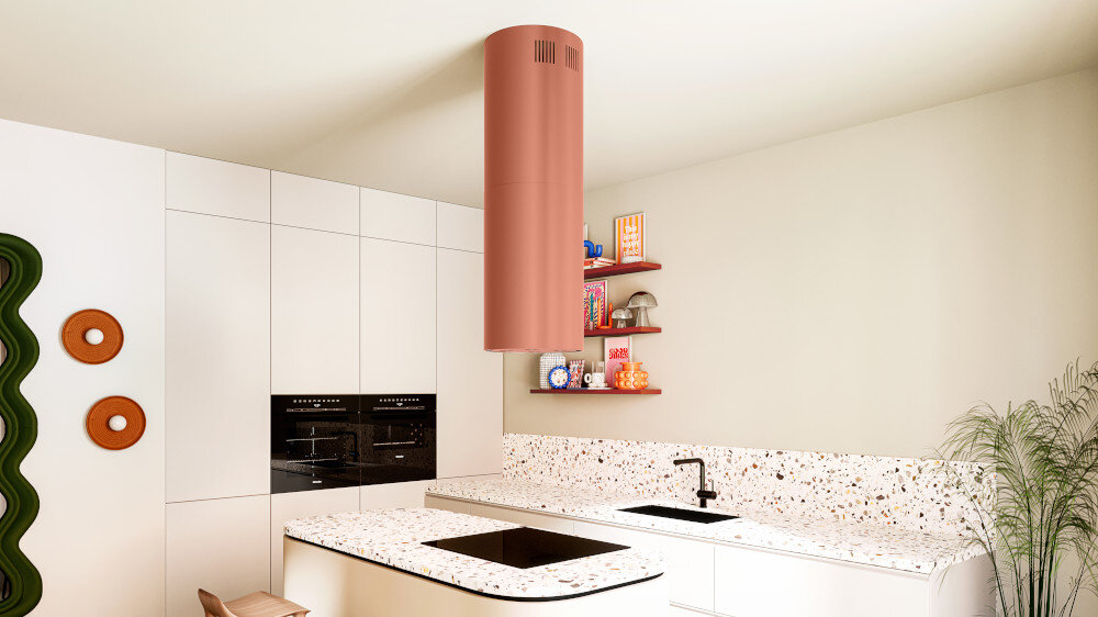 Okap GLOBALO Callia Isola 39.1 lifestyle kuchnia okap front kolor ceglasty białe meble piekarnik mikrofala zabudowa półki na ścianie