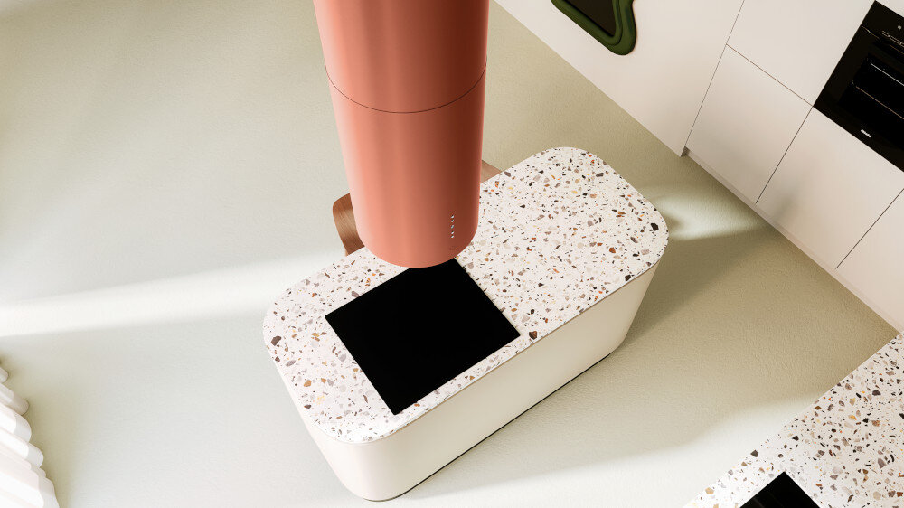 Okap GLOBALO Callia Isola 39.1 lifestyle kuchnia widok od góry wyspa kuchenna montaż wyspowy czarna płyta na blacie styl design ceglasty kolor dopasowanie do aranżacji kuchennej styl skandynawski modernistyczny