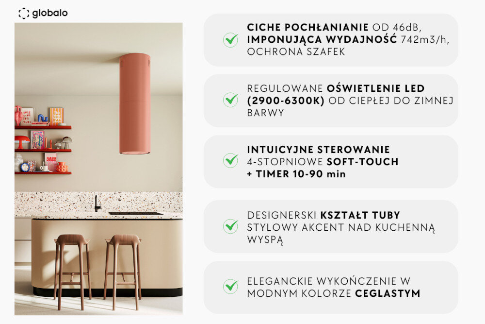 Okap GLOBALO Callia Isola 39.1 najważniejsze cechy wyróżniki dźwięk moc światło led sterowanie kształt tuby kolor ceglasty
