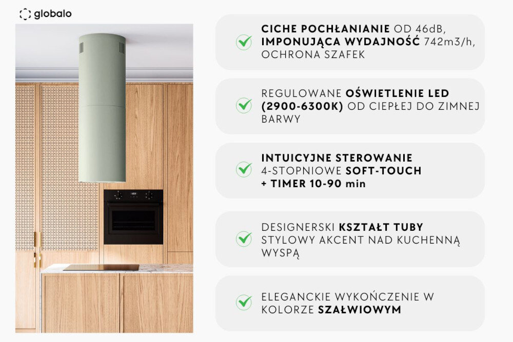 Okap GLOBALO Callia Isola 39.1 najważniejsze cechy wyróżniki dźwięk moc światło led sterowanie kształt tuby kolor szałwiowy