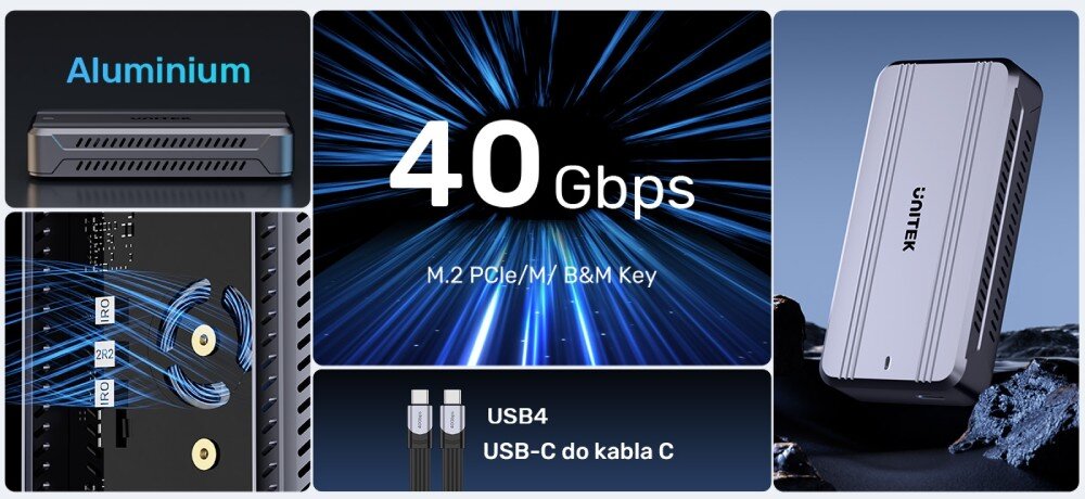 Obudowa dysku UNITEK S1242AGY01-EU Kolaż pięciu zdjęć prezentujący różne widoki i cechy produktu: zbliżenie na żebrowany panel z napisem 'Aluminium', schemat przepływu powietrza przez wentylator, widok z góry na obudowę z napisem '40 Gbps', schemat dwóch wtyczek USB-C z napisem 'USB4' oraz zdjęcie obudowy na skalistym tle z napisem 'UNITEK'