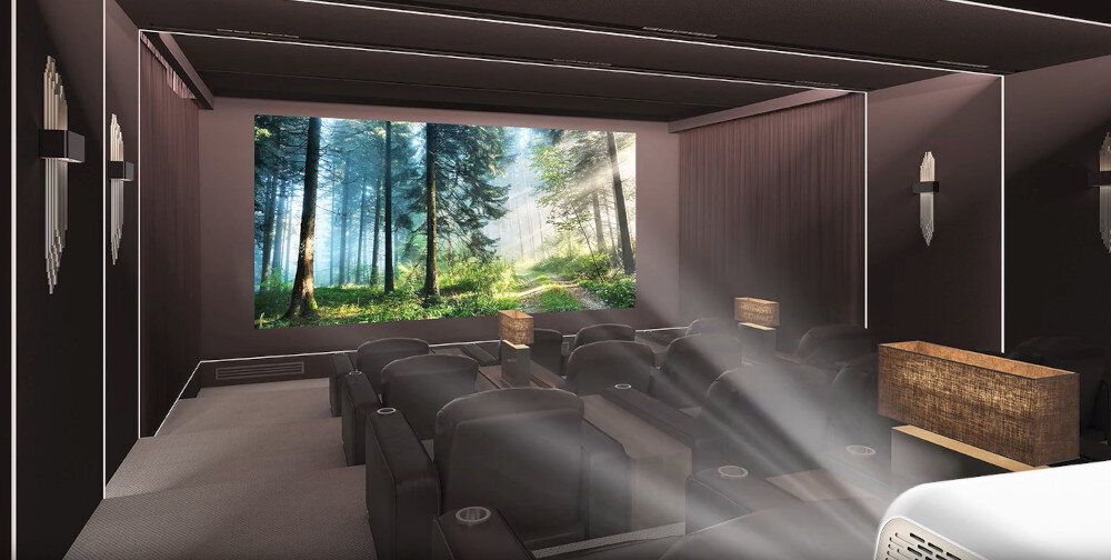 Projektor KIANO Chill automatyczna korekcja obrazu proporcje ustawienie wyświetlania, projektor wyświetlający obraz w sali kinowej