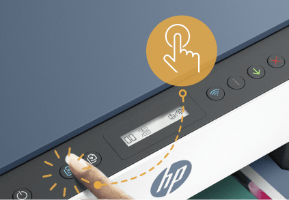 Panel sterowania urządzenia wielofunkcyjnego z wyświetlaczem pokazującym ikonę Wi-Fi i przyciskami funkcyjnymi. Widoczne jest logo hp.