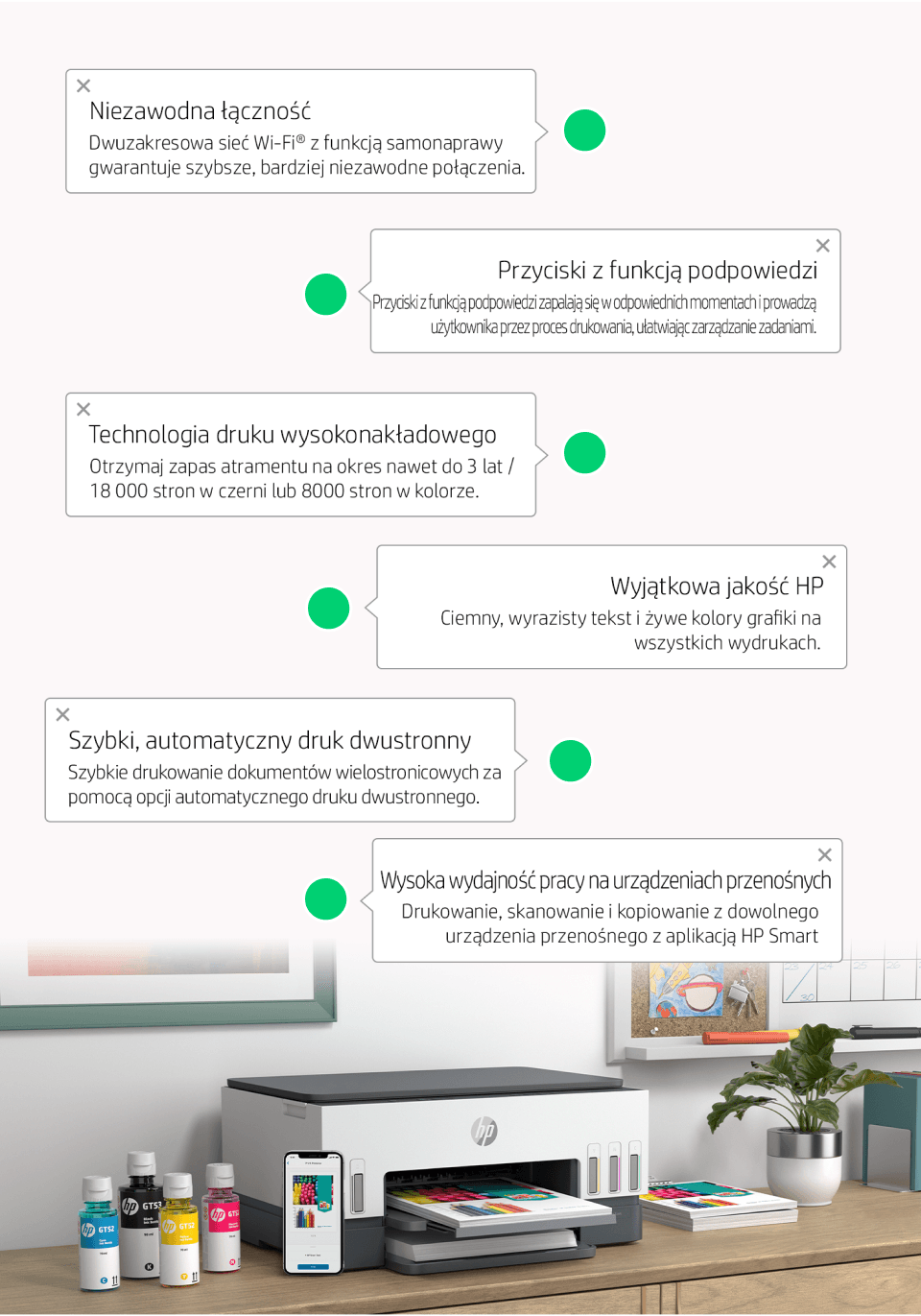 Na obrazie znajduje się urządzenie wielofunkcyjne HP z kilkoma butelkami atramentu obok. W tle widoczne są ramki z grafikami oraz roślina, a na obrazie umieszczono teksty opisujące funkcje urządzenia, takie jak niezawodna łączność, technologia druku wysokonakładowego i wyjątkowa jakość HP.