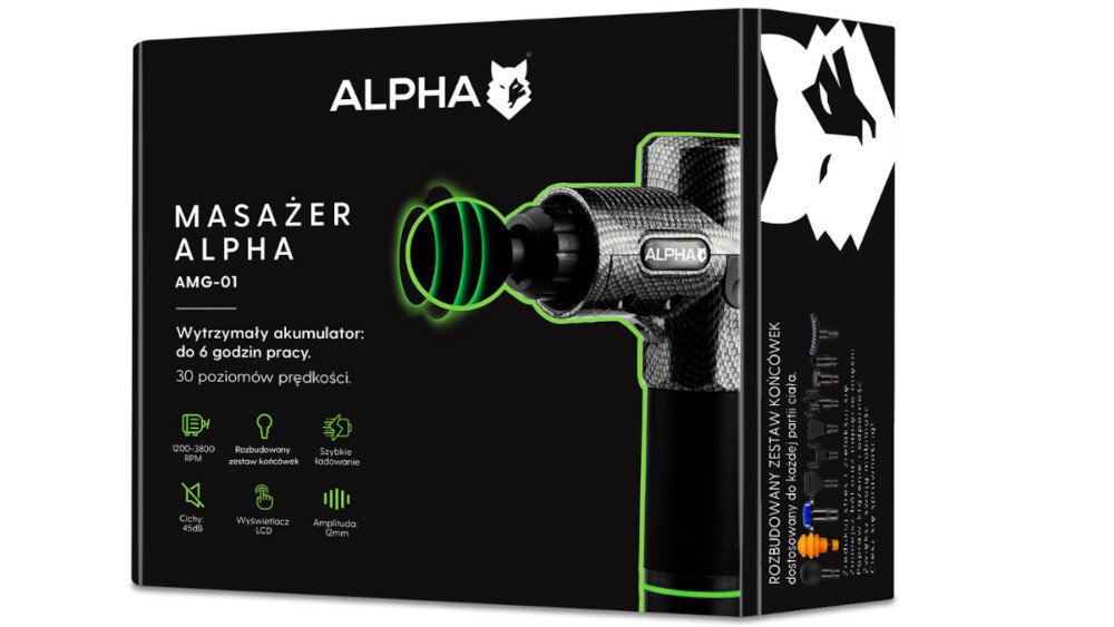 Opakowanie masażera ręcznego Gun ALPHA AMG-01 z widocznym logo ALPHA i grafiką urządzenia. Na opakowaniu znajdują się informacje: \'Masażer ALPHA AMG-01\', \'Wytrzymały akumulator: do 6 godzin pracy\', \'30 poziomów prędkości\'.