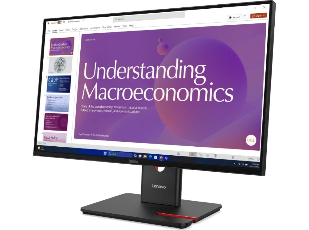 Monitor LENOVO ThinkVision T24D-40 Czarny monitor komputerowy ustawiony na biurku, wyświetlający interfejs programu do projektowania graficznego z widocznymi makietami aplikacji mobilnych i panelami narzędzi, opis