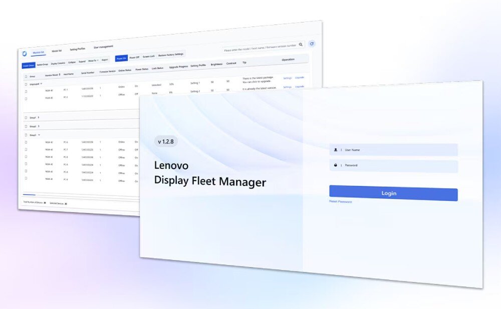 Monitor LENOVO ThinkVision T24D-40 Zbliżenie na dolny róg ekranu monitora, gdzie z boku obudowy widać dwa małe, czarne przyciski, z których dolny jest podświetlony na czerwono, a z tyłu obudowy widoczne są porty, aplikacje, funkcje, narzędzia