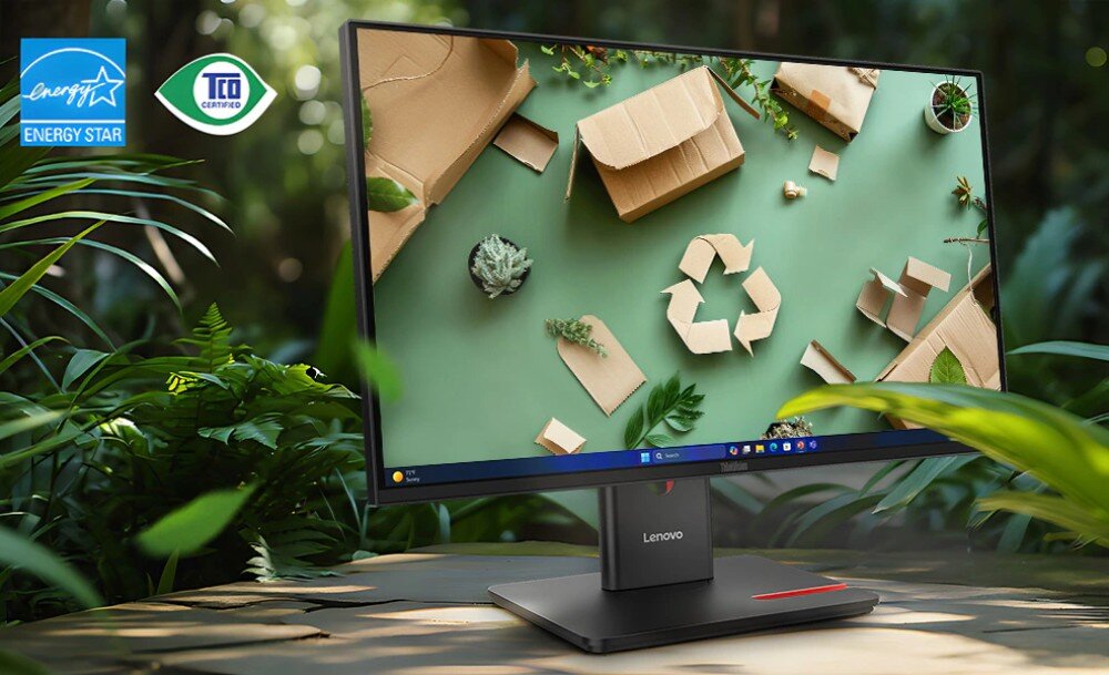 Monitor LENOVO ThinkVision T24D-40 Zdjęcie monitora na tle podzielonym na dwie części: zielonych drzew oraz pudełek, a także loga certyfikatów, ekologia, środowisko, certyfikaty
