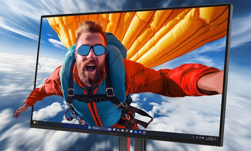 Monitor LENOVO ThinkVision T24D-40 Bliski plan na ekran monitora, na którym widać kadr skoczka spadochronowego w locie z rozłożonym żółtym spadochronem, z białym napisem 'UHD' w prawym górnym rogu, przekątna, rozdzielczość, podświetlenie